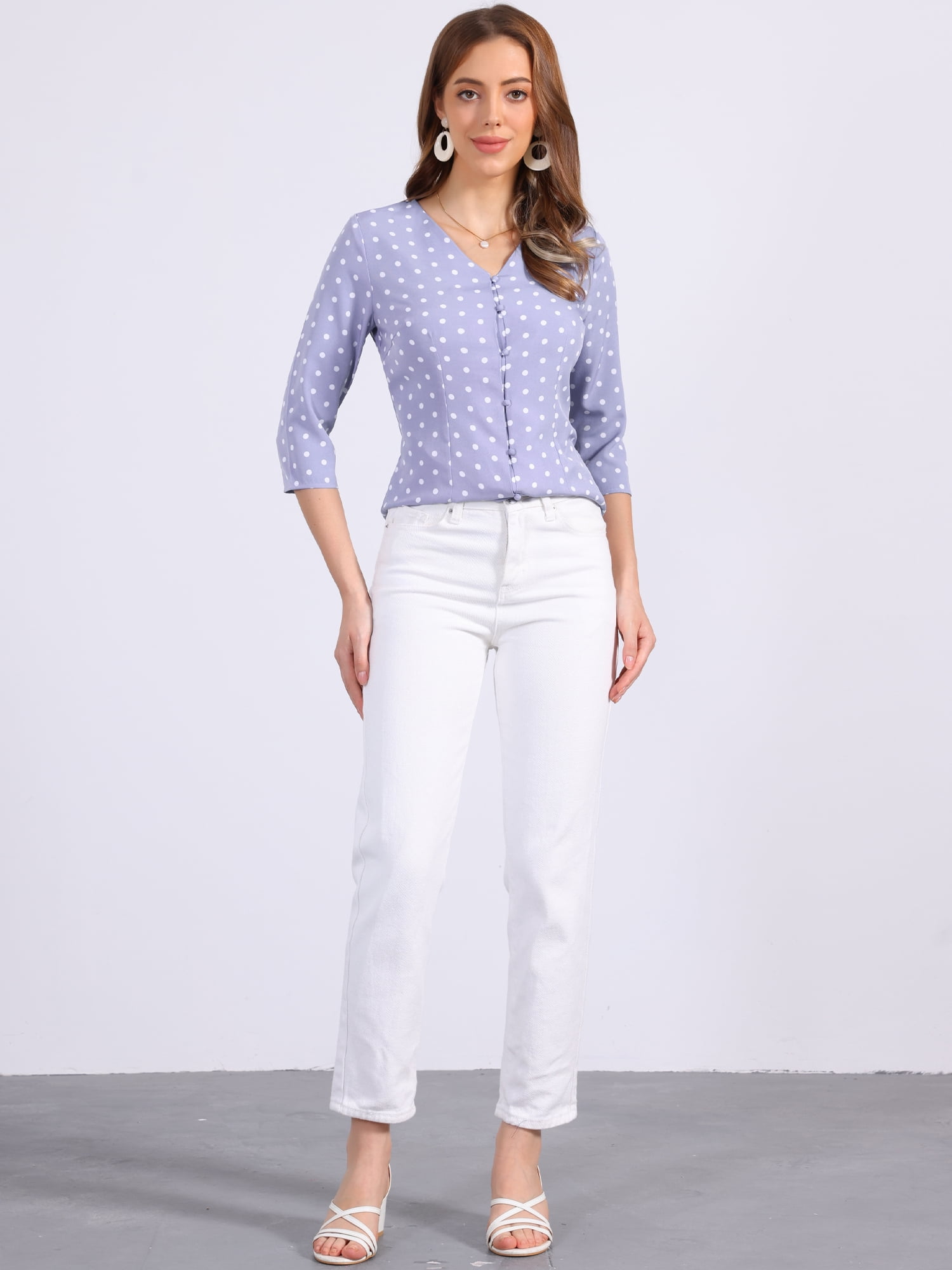DARING DIVA Women's Polka Dots 3/4 Sleeve Button Front V Neck Blouse L Dusty Purple
