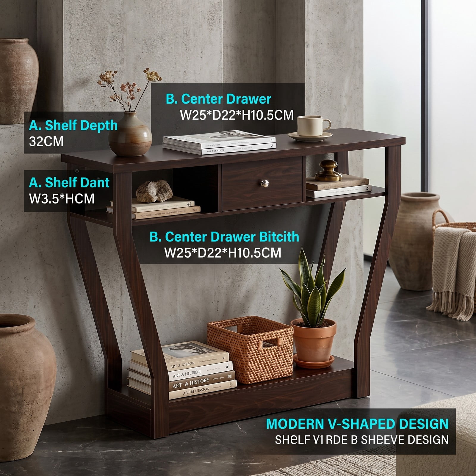 Furnibear Modern Console Accent Table with Storage Drawer and Open Shelf for the Living Room Entryway and Hallway, Brown