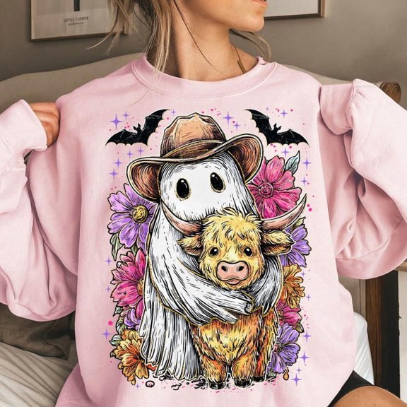 Retro Cute Ghost And Highland Cow Sweatshirt, Spooky Cowboy Ghost Sweatshirt, Floral Autumn Western Cow Shirt, Country Halloween Boo Ghost Sweatshirt