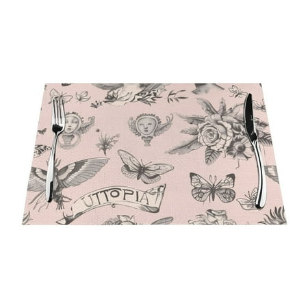 

Intricate Black and Illustrations on Pink Background Dining mat washable heat-resistant indoor/outdoor dining mat vinyl woven non slip dining mat for restaurant table protection PVC dining mat