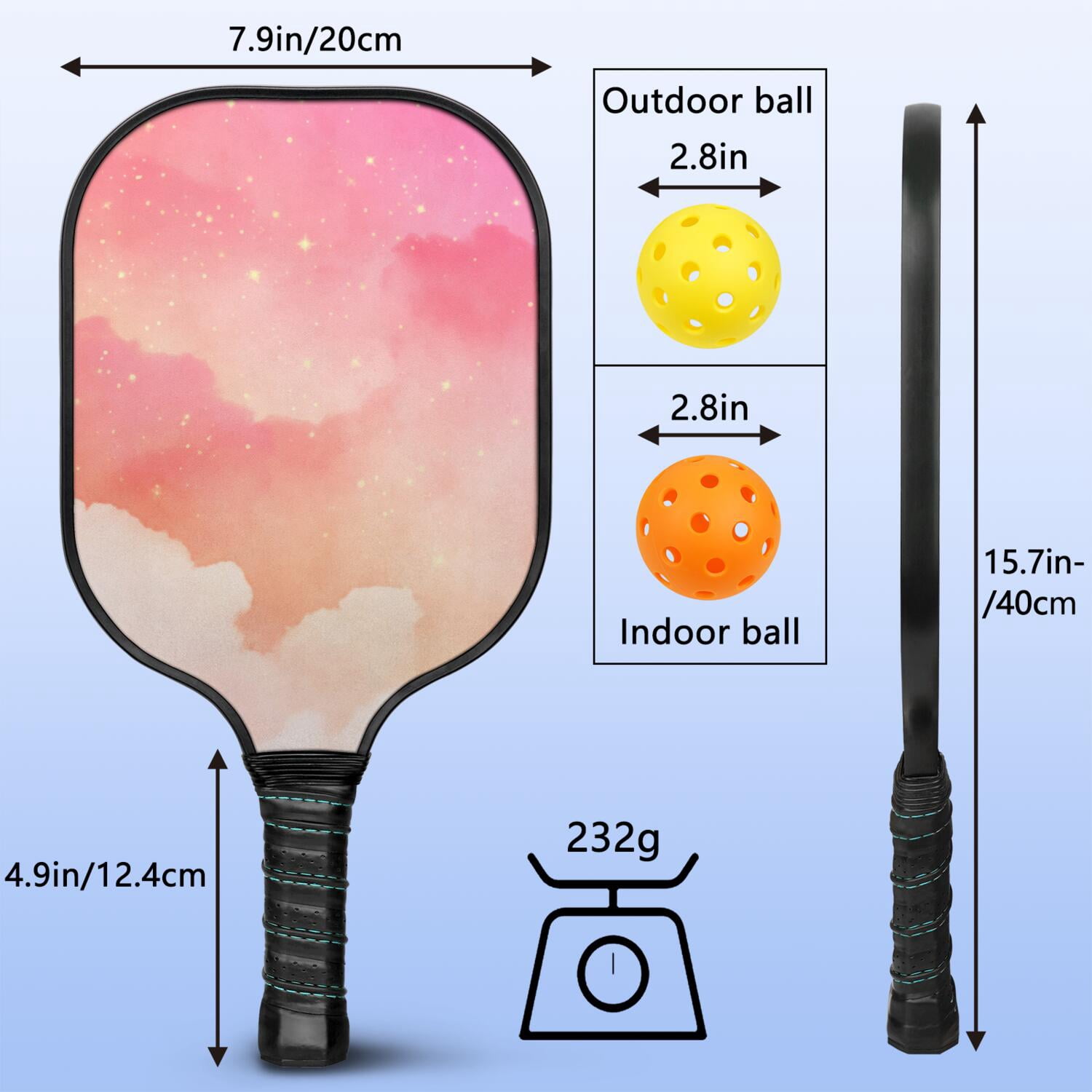Pickleball Paddles Set Of 2, Fiberglass Surface, Dreamy Cloud Print, 4 Balls & Bag