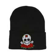 Candy Skull and Roses Black Cuffed Beanie