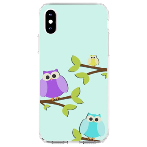 DistinctInk Clear Shockproof Hybrid Case for iPhone X / XS (5.8" Screen) - TPU Bumper, Acrylic Back, Tempered Glass Screen Protector - Blue Purple Yellow Owls - Cartoon Owls