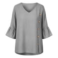 thumbnail image 3 of Fmbrln Linen Shirts for Women Fashion Ruffle 3/4 Sleeve V Neck Tops Summer Casual Loose Fit Button Side Slit Solid Blouses, 3 of 7