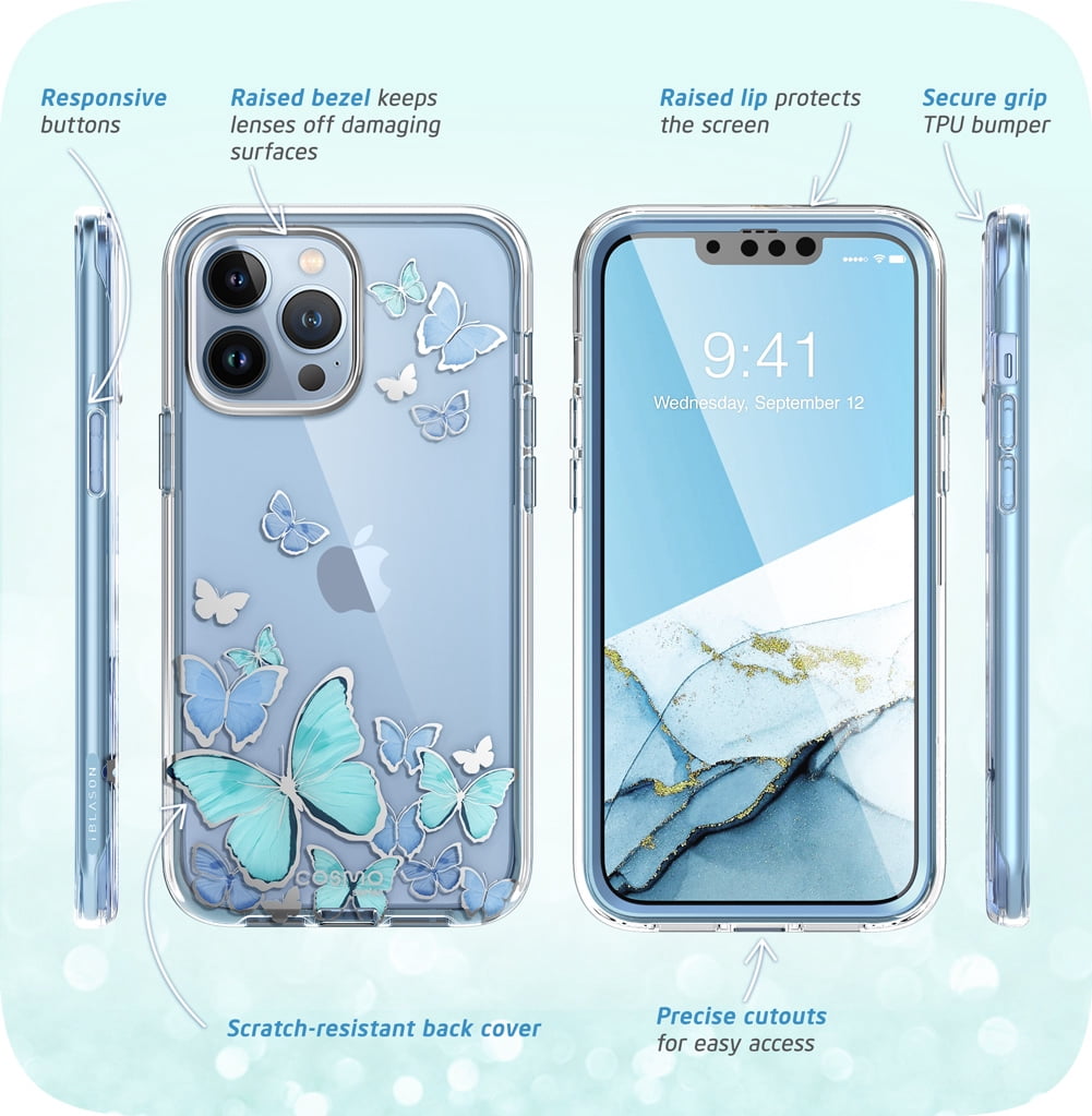 i-Blason Cosmo Series iPhone 13 Pro Max Case 6.7 inch (2021 Release), Slim Full-Body Stylish Protective Case for iPhone 13 Pro Max with Built-in Screen Protector (Blue Butterfly)