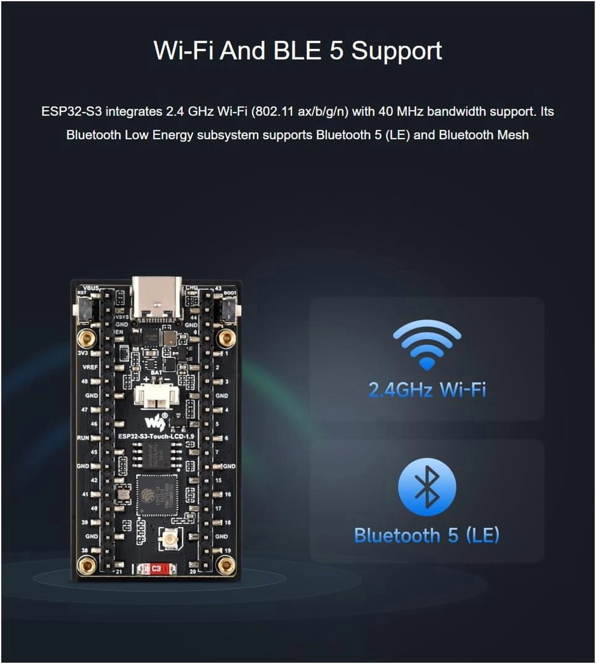 ESP32-S3 1.9inch Touch Display Development Board,170×320 Pixels 262K Color LCD Screen Support 2.4GHz WiFi and Bluetooth BLE 5 Supports 90°Hardware Rotation