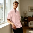 thumbnail image 7 of Domzest Mens Quater Zip Stand Collar Shirt Short Sleeve Lightweight Pullover Summer Casual Breathable Solid Shirts Light pink S, 7 of 7