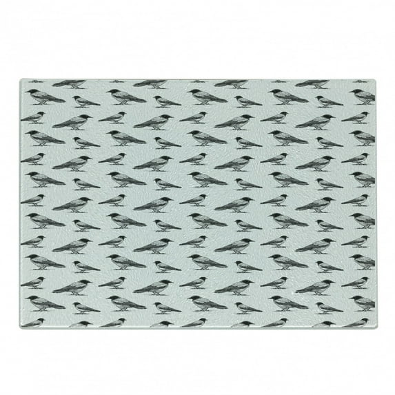 Black Crow Cutting Board, Monochromatic Sketchy Drawn Bird Continuous Pattern Print, Decorative Tempered Glass Cutting and Serving Board, in 3 Sizes, by Ambesonne