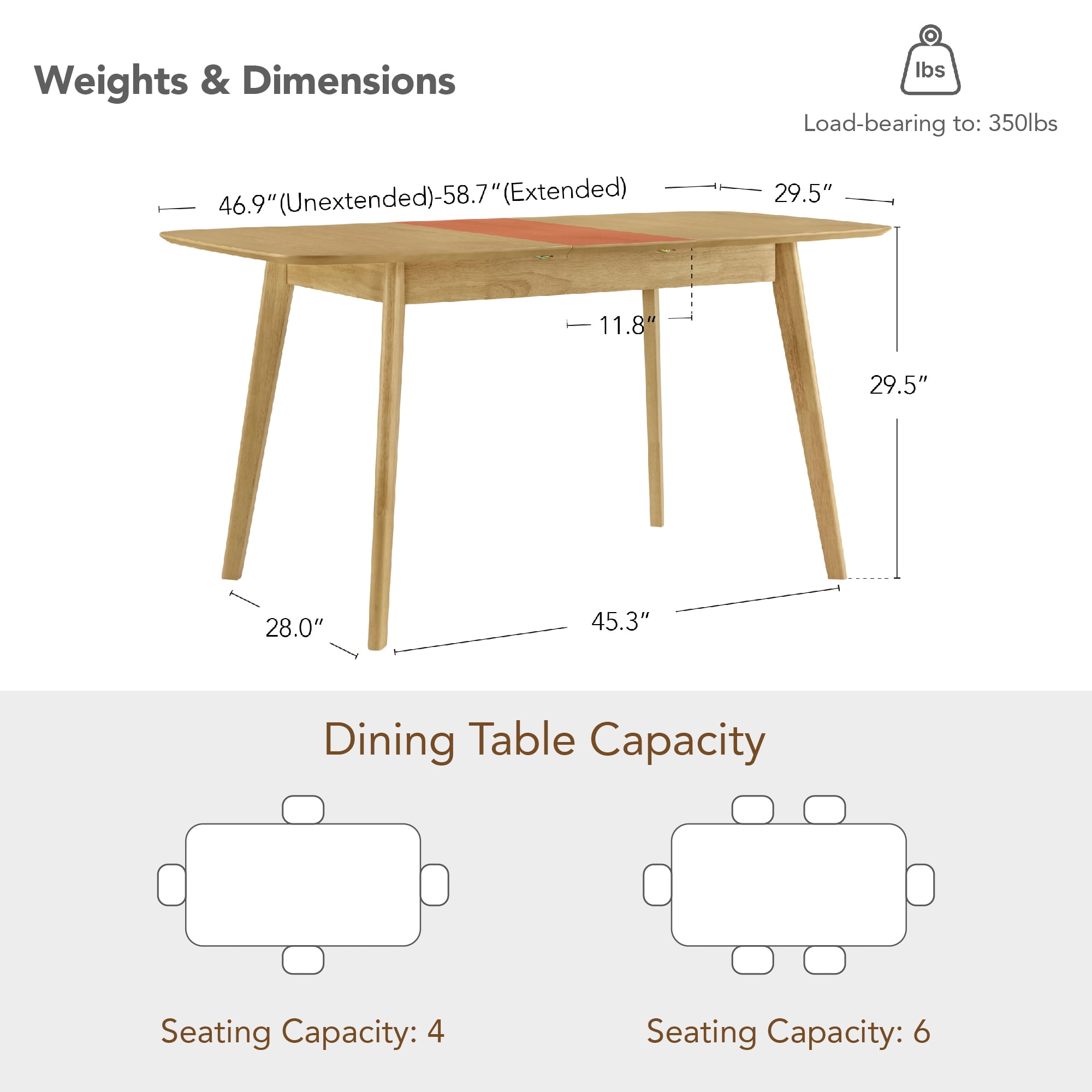 Spruce & Spring Modern Extendable Dining Table Set with Solid Rubberwood Tapered Legs, Scratch-Resistant Walnut/Oak Veneer Space-Saving Kitchen Table with Child-Safe Rounded Corners,Oak