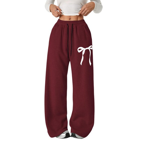 UACY Girls Bow Sweatpants Baggy Wide Leg Sweat Pants with Pockets Elastic Waist Mid Rise Teen Casual Cute Kids (Wine, 13-14 Years)