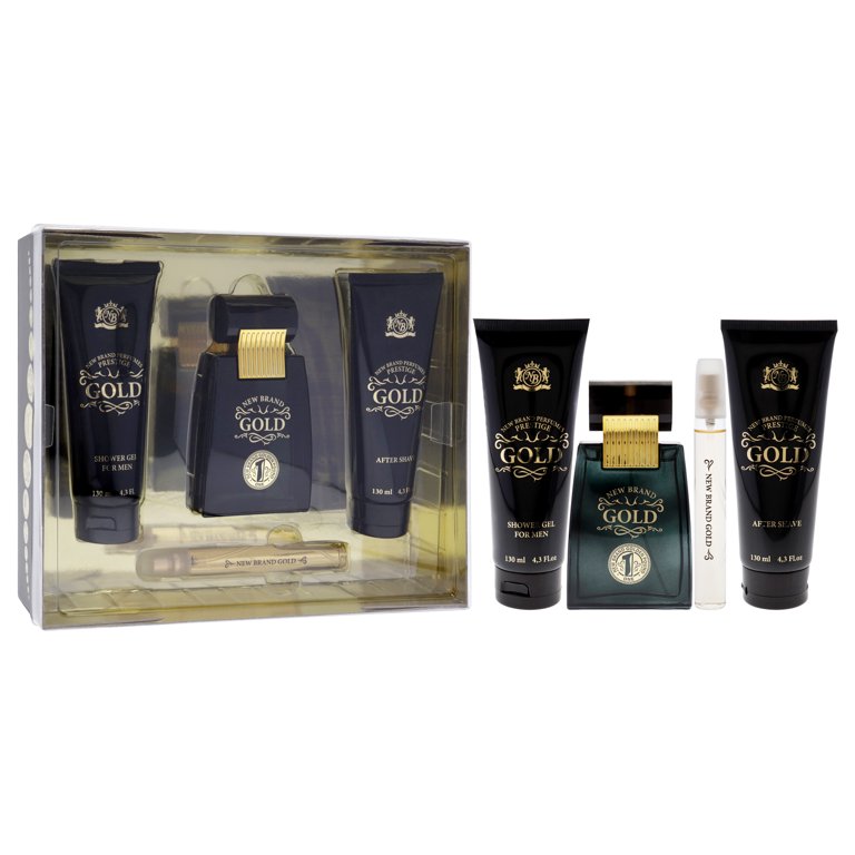 New Brand Gold , 4 Pc Gift Set 3.3oz EDT Spray, 4.3oz Shower Gel