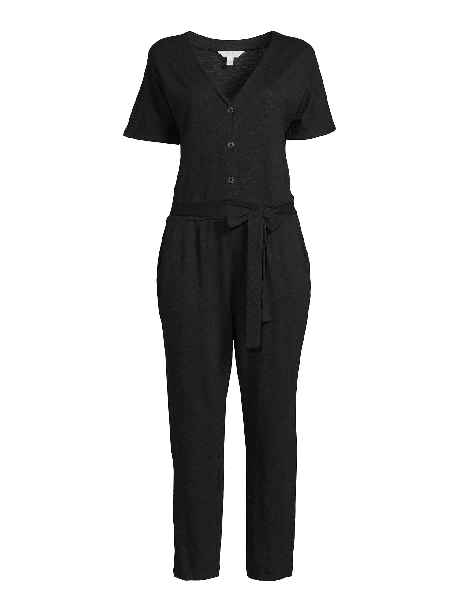 Time and Tru Women's Short Sleeve Knit Jumpsuit with Belt
