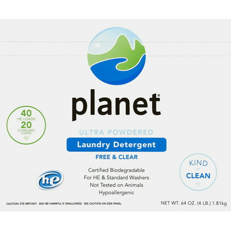 Planet Ultra Powdered Laundry Detergent, Free & Clear, Certified Biodegradable, HE & Regular Washers, 64