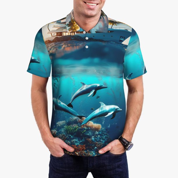Balery Hawaiian Ship Dolphin Camisa Polo de Hombre con Estampado, de Manga Corta y Tejido Medio, Camisa Tipo Golf Polo-Large