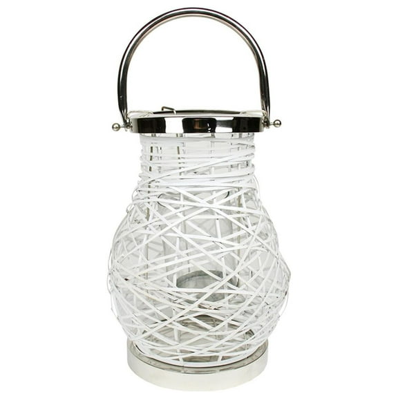13.5" Modern White Decorative Woven Iron Pillar Candle Lantern with Glass Hurricane