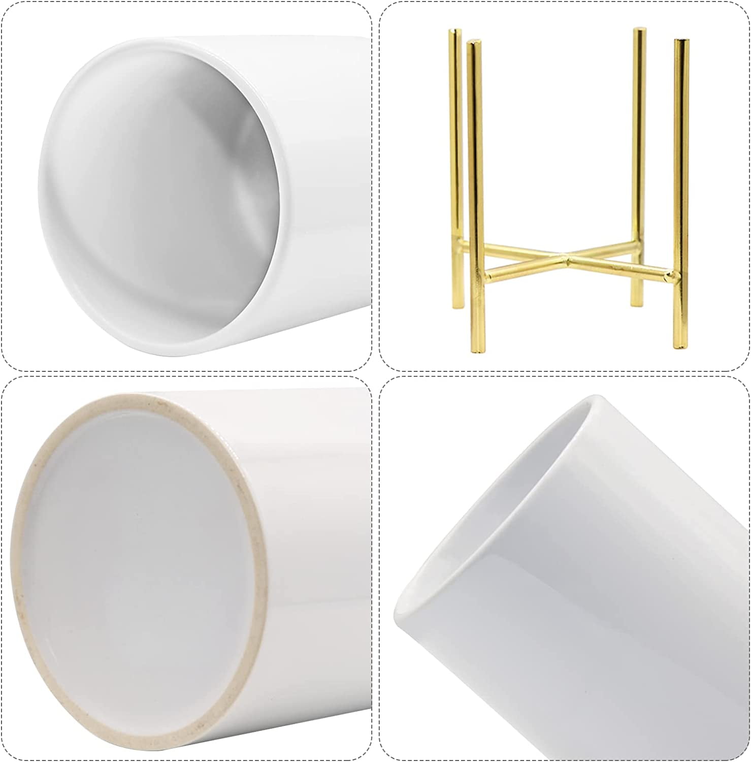 Gold Pencil Cup 2 Pcs White Ceramic Pencil Cup With Sturdy Metal Frame Makeup Brush Holder Decorate your Office Desktop, Classroom, Home, Cute and Elegant 4.7*3.15inch