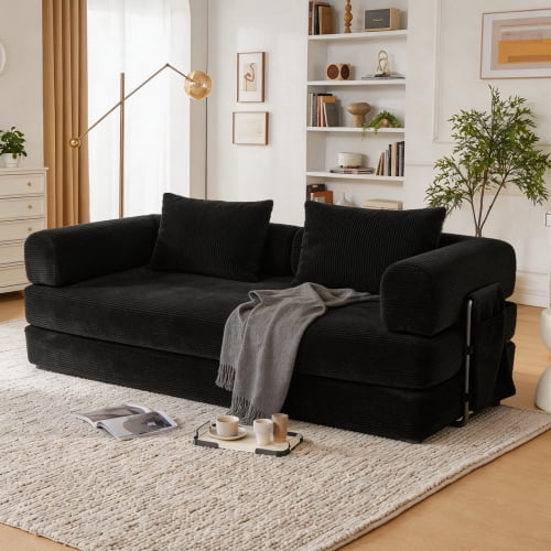 78" Corduroy Convertible Sleeper Sofa Bed, Boneless Futon Couch Floor Lounger Loveseat with Pull Out Mattress, Black