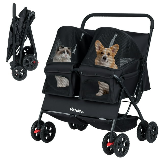 Gymax Poussette Double pour Animaux avec Porte-Bébé 2 Places, Pare-Soleil Réglable, Coussinet Amovible