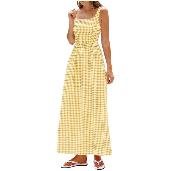 Women's Summer Dresses Plaid Flowy Maxi Beach Dress Sleeveless Square Neck A-Line Casual Beach Vacation Long Sundress