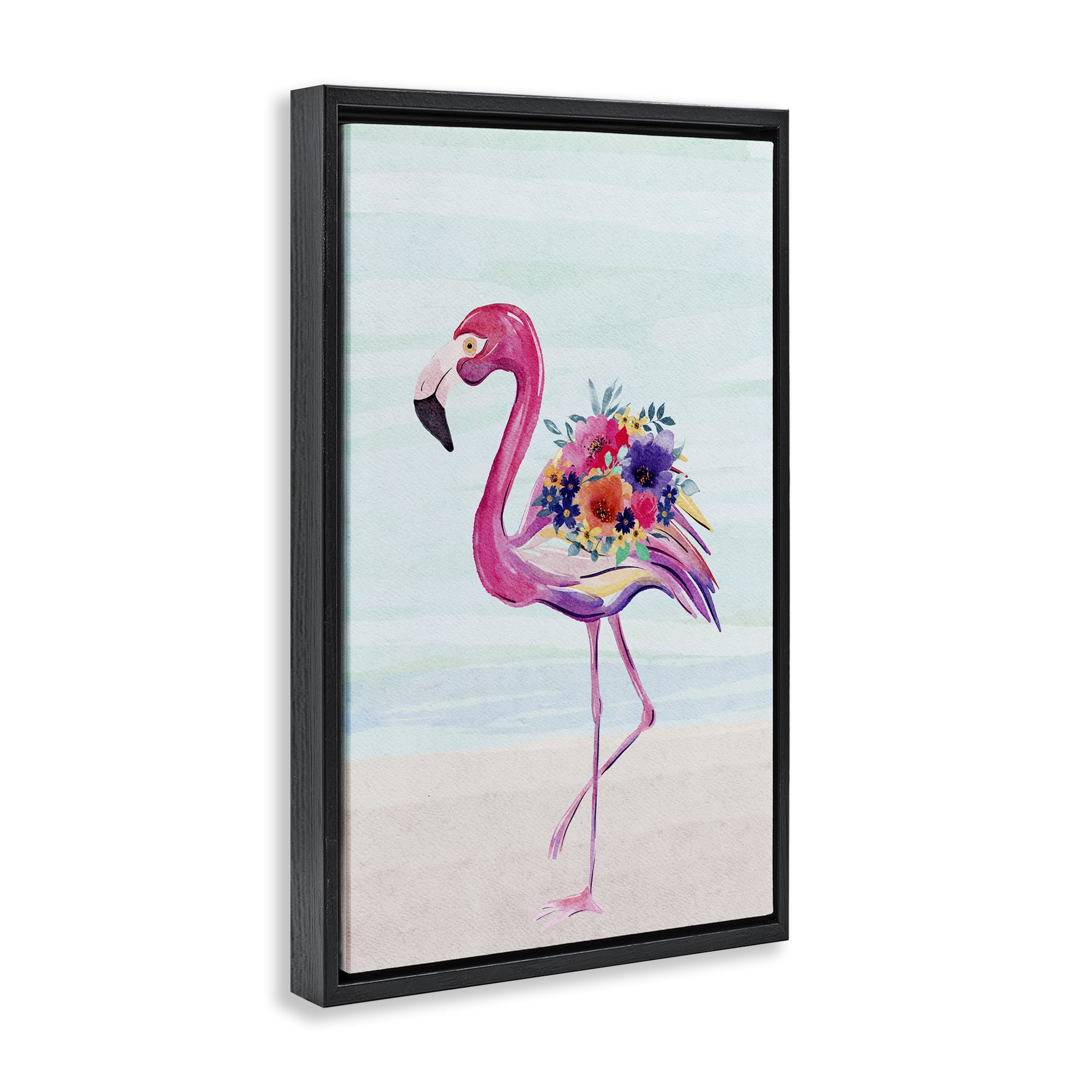 Stupell Industries Floral Flamingo Beach Plants & Flowers Painting Black Floater Framed Canvas Art Print Wall Art, 17 x 25
