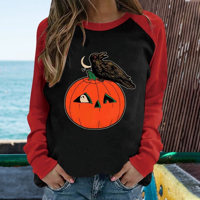 Hauts pour Femmes Chic Décontracté 2023 Mode Printemps Patchwork Imprimé Manches Longues Col Rond T-Shirt Décontracté Chandails à Capuchon Costumes d'Halloween pour Femmes en Liquidation