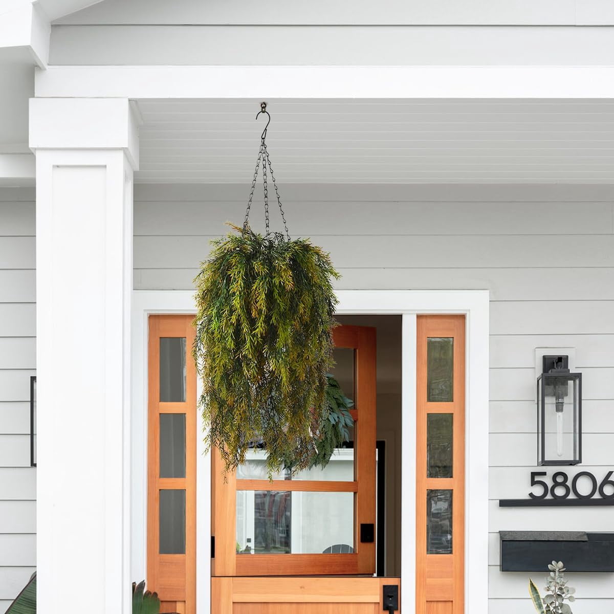 Artificial Hanging Plants in Basket Fake Hanging Eucalyptus with Coconut Lining Chain Palm Flowerpot Hanging Plant Outdoor UV Resistant Plastic Plants(Eucalyptus)