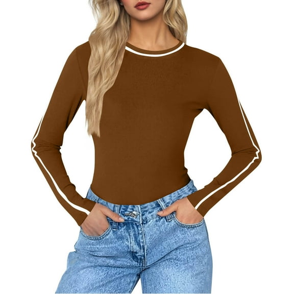 Htigea Workout Tops for Women Color Block Crew Neck Long Sleeve Y2k Shirts Soft Comfy Slim Fit Athletic Tees Brown S