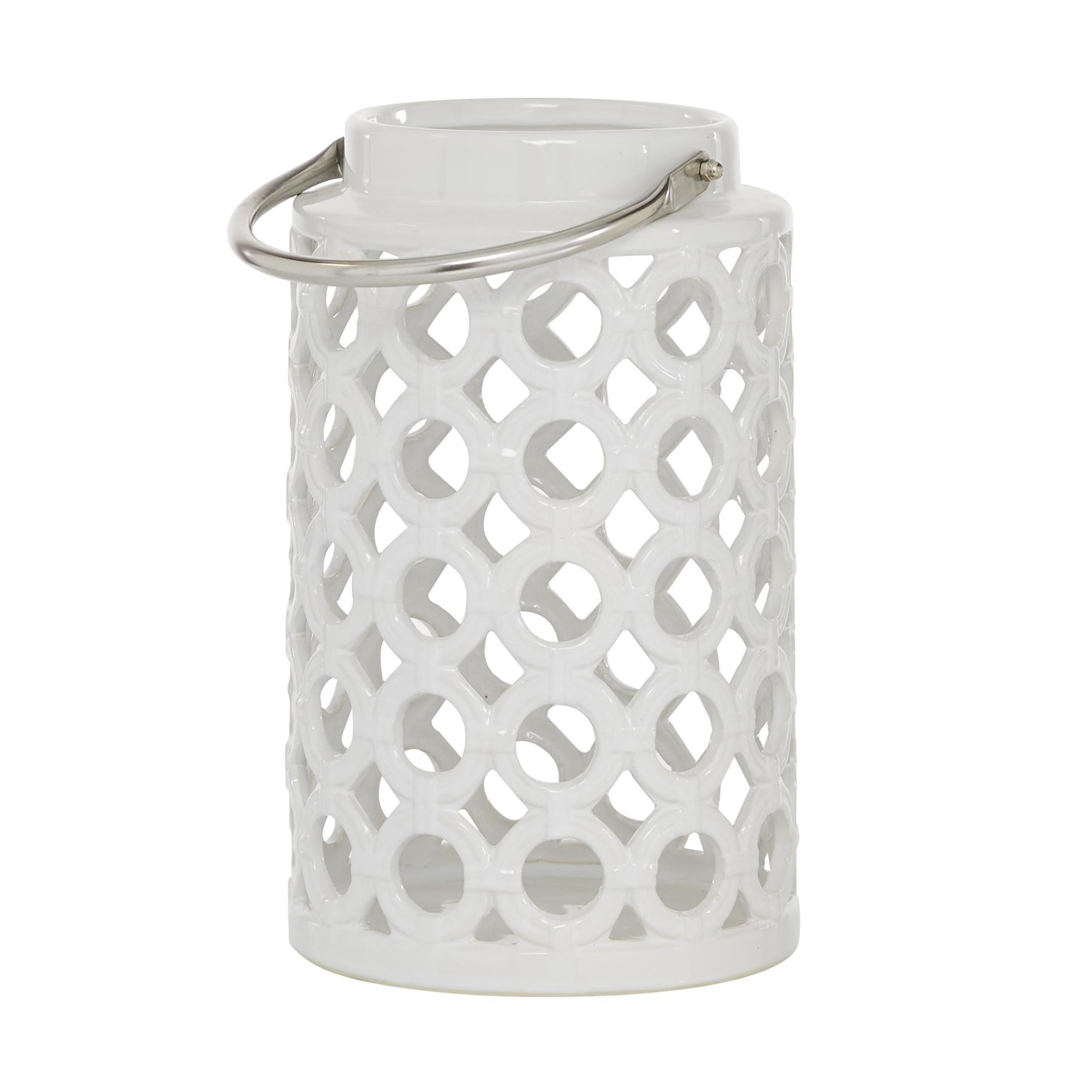 DecMode White Ceramic Circles Decorative Candle Lantern with Cut Out Design