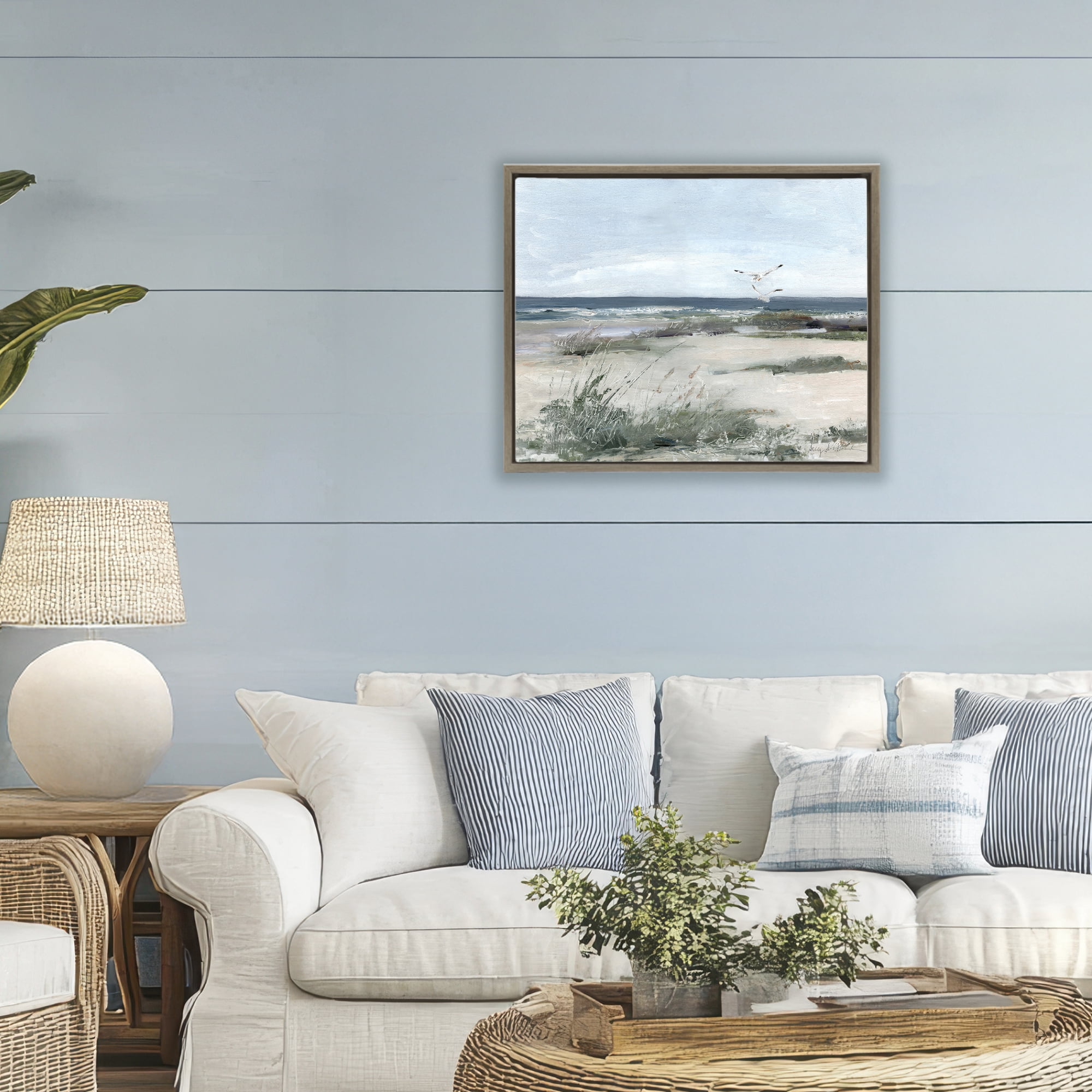 Stupell Industries Seagull Pair over Waves Brown Framed Floater Canvas Wall Art, design by Sally Swatland