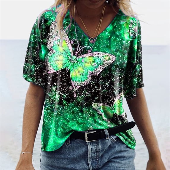 Tunic Tops for Women Butterfly Print Summer V Neck T Shirt Blouse Casual Graphic Tops