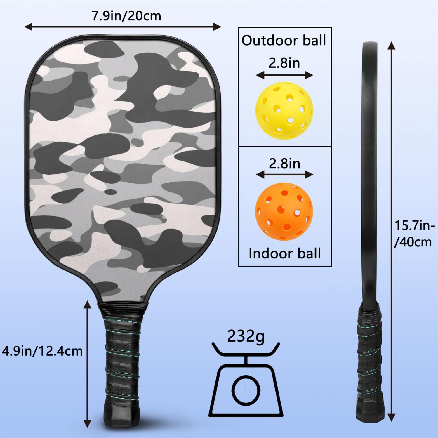 Pickleball Paddles Set Of 1, Fiberglass Surface, Camouflage Print, 1 Paddle, 2 Balls & Bag