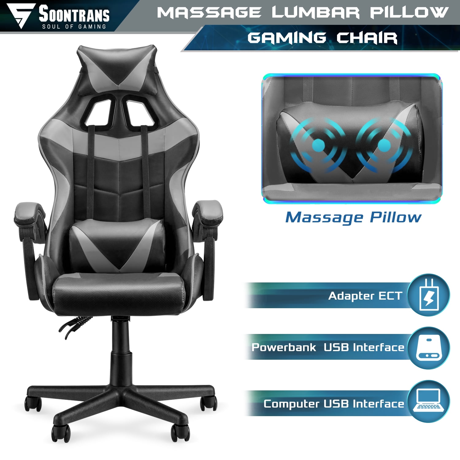 Soontrans Gray Gaming Chairs with Massage,Ergonomic Computer Gamer Chair,Game Chair with Adjustable Headrest and Lumbar Support, Gray