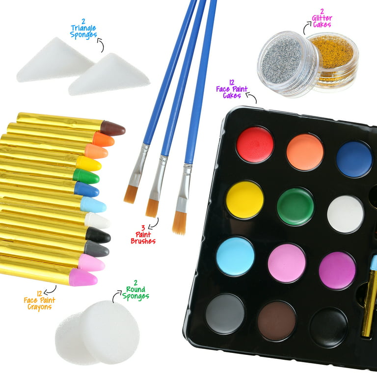 Glokers Face Paint Set - Face painting Kit Contains Cake Paints, Crayons,  Paint Brushes, Glitter, Sponges and Stencils - Sensitive Skin Face and Body  Paint - Suitable for Adults and Children, FDA
