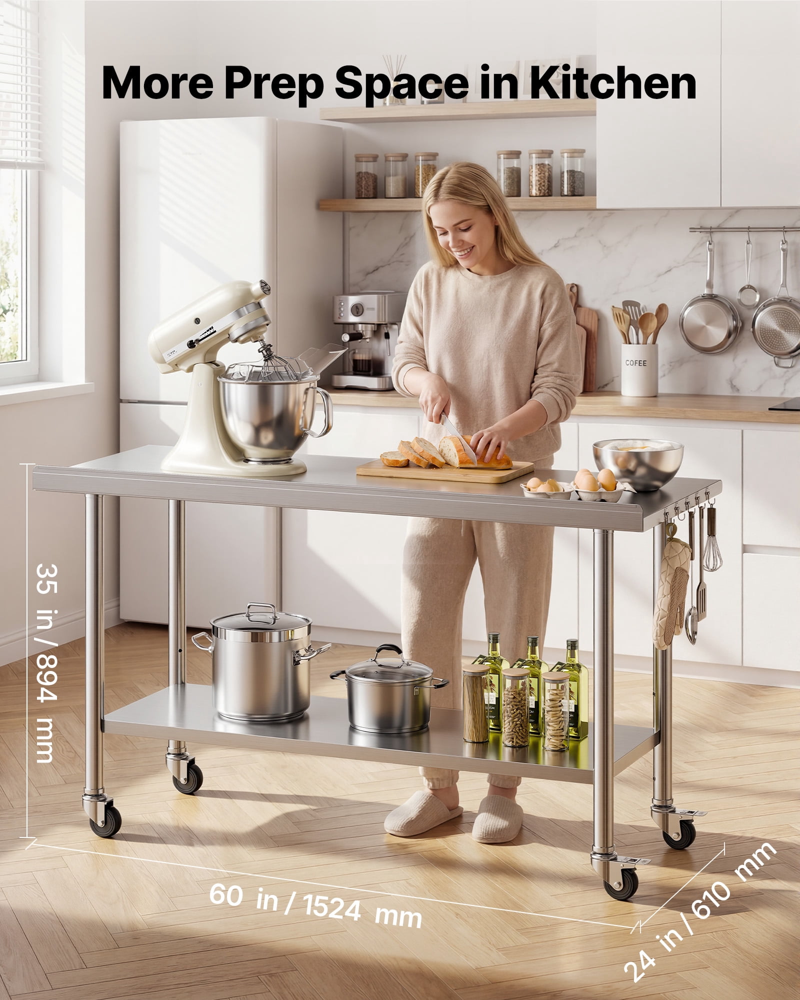 VEVOR Stainless Steel Work Table, 24x60 inch Food Prep Table with Wheels and Backsplash, Commercial Kitchen Workstation with Adjustable Undershelf, Metal Utility Worktable, for Restaurant Home