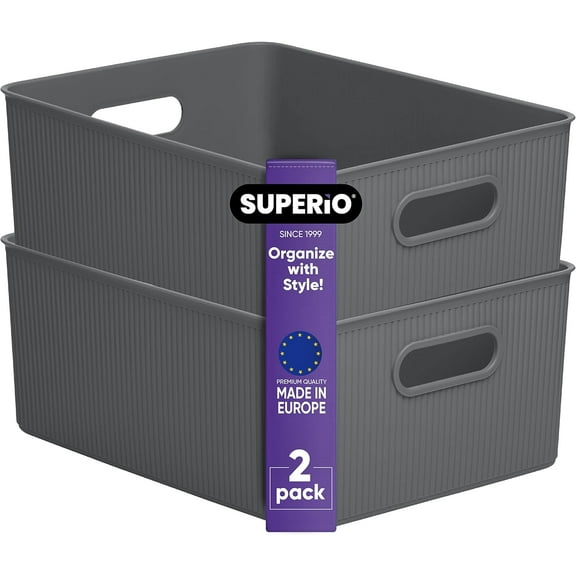 Superio Plastic Storage Bins, Grey, 15 Liter Large Ribbed Basket for Organizing Closet, Shelves, Plastic Storage Bin