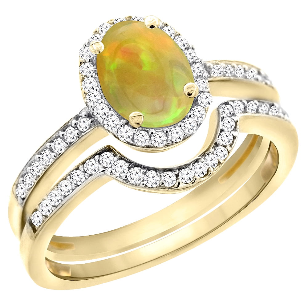 14K Yellow Gold Diamond Natural Ethiopian Opal 2-Pc. Engagement Ring Set Oval 8x6 mm, size 6 by Gabriella Gold