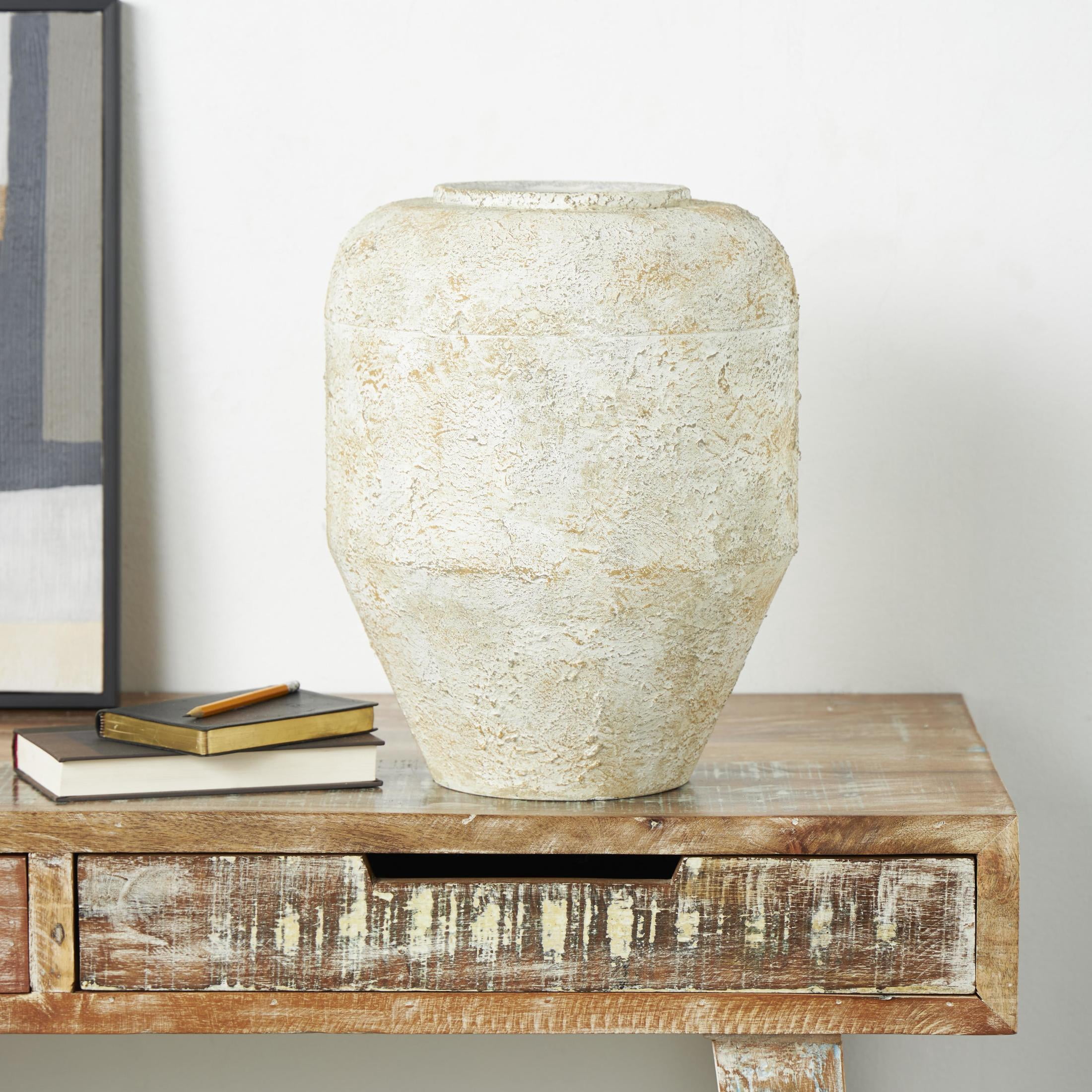 DecMode 15" Handmade Antique Style Distressed Beige Metal Vase