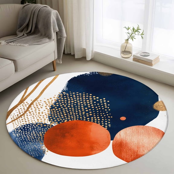 Navy Blue Burnt Orange Round Area Rug 3 FT,Small Kitchen Bathroom Mats,Middle Century Modern Geometric Washable Indoor Outdoor Throw Runner Carpet Non-Shedding Doormat for Table Shower Sofa Entryway