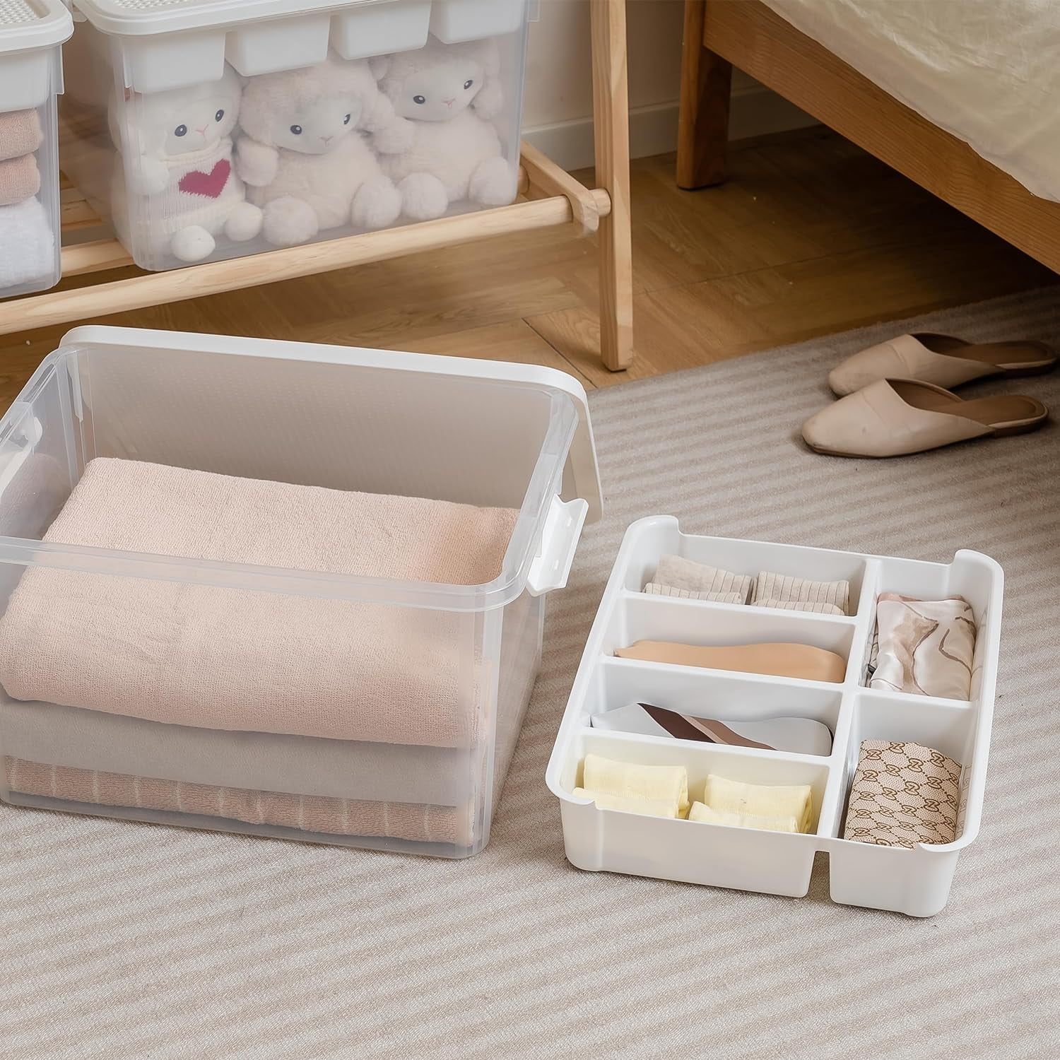 32 Qt Storage Bins with Building Baseplate Lid and Removable 6 Grids Tray Plastic Clear Storage Container for Building Brick Toy Bead Tool Sewing Craft 1 Packs White Lid