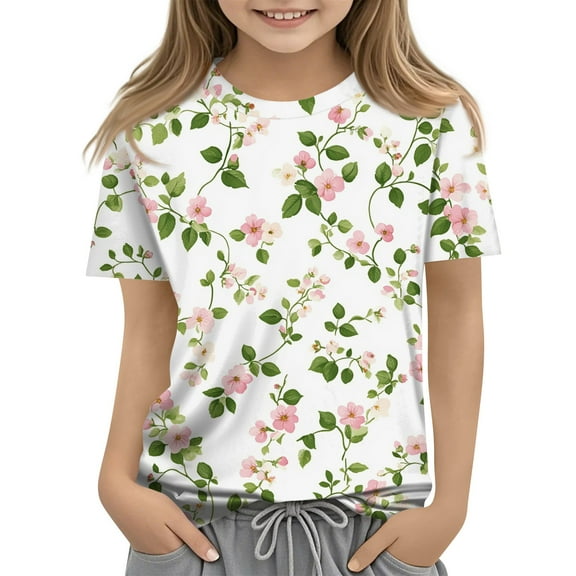 WTOBBY Toddler Girls Floral Print Short Sleeve T-Shirt Top - Casual Kids Shirt with Round Neck for Summer, School, and Everyday Wear,Beige 100