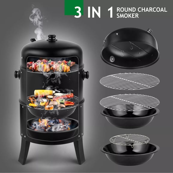 Charcoal Smoker BBQ Grill 3in1 Outdoor Vertical Smokers Portable Meat Cooker