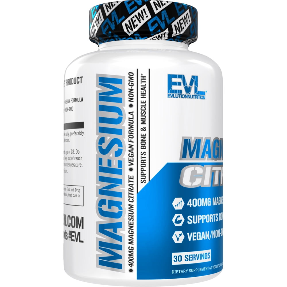 Evlution Nutrition Magnesium Citrate 400mg for Bone & Muscle Health and Natural Sleep Support, 60ct Capsules