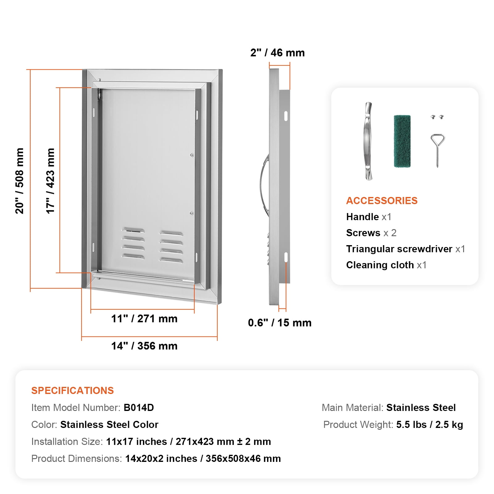 KFFKFF BBQ Island Access Door 14x20 Inch Stainless Steel Outdoor Kitchen Door