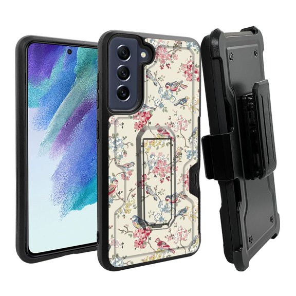 ANJ  Rugged Dual Layer Hybrid Holster Kickstand Case w/ Card Slot   Tempered Glass Cover for Samsung Galaxy S21 FE 5G - Birds and Flowers (Yellow)