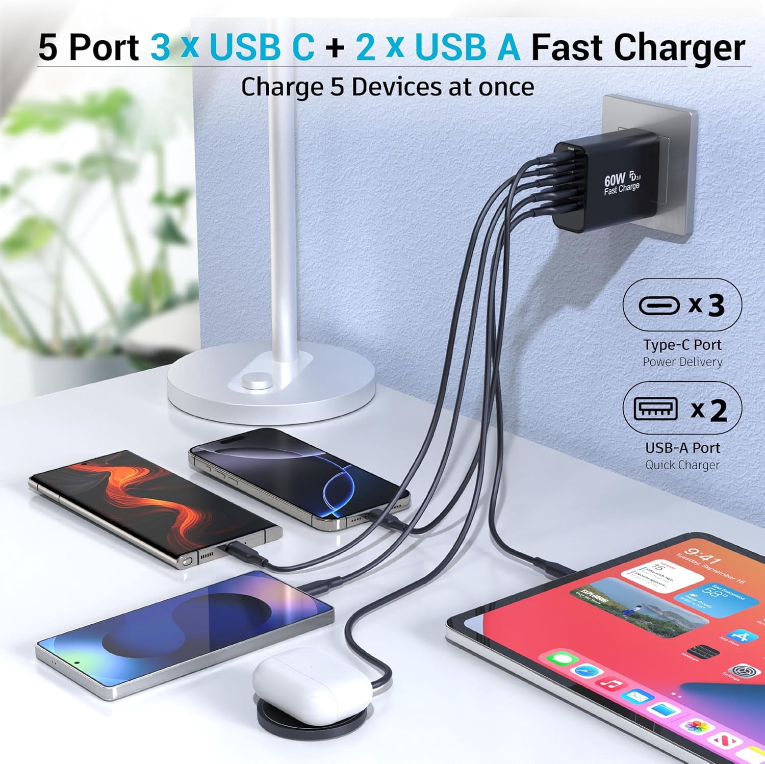 RGHJAR-60W USB-C Charger Block (2-Pack), 5-Port Fast Charging Hub (3 USB-C, 2 USB-A), PD 3.0 Type C Power Brick Compatible with iPhone 17/16/15, iPad, & Samsung Galaxy - Black