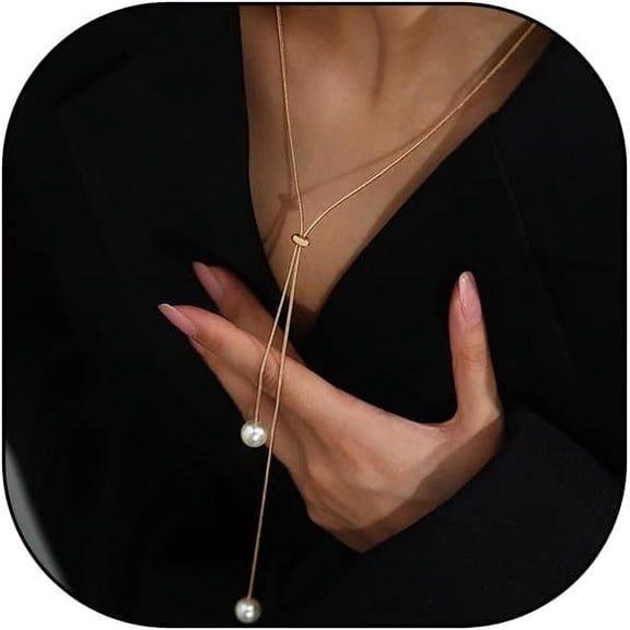 Gold Chain Pearl Sliding Buckle Lariat Necklace, Adjustable Pull Out Simple Daily Long Necklace, Trendy Dainty Stacking Unique Party Prom Jewelry Gift