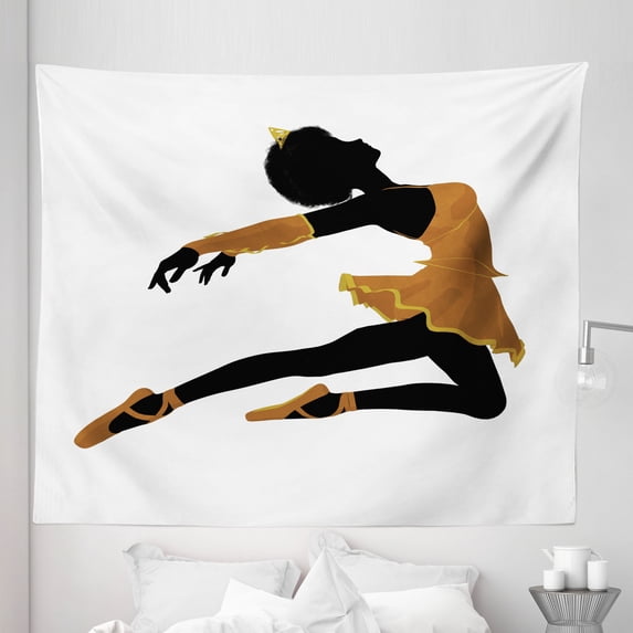 Ballet Tapestry, Posing Ballerina Girl Silhouette with Tutu Pointe Shoes and Tiara Outfit, Fabric Wall Hanging Decor for Bedroom Living Room Dorm, 5 Sizes, Pale Coffee and Black, by Ambesonne
