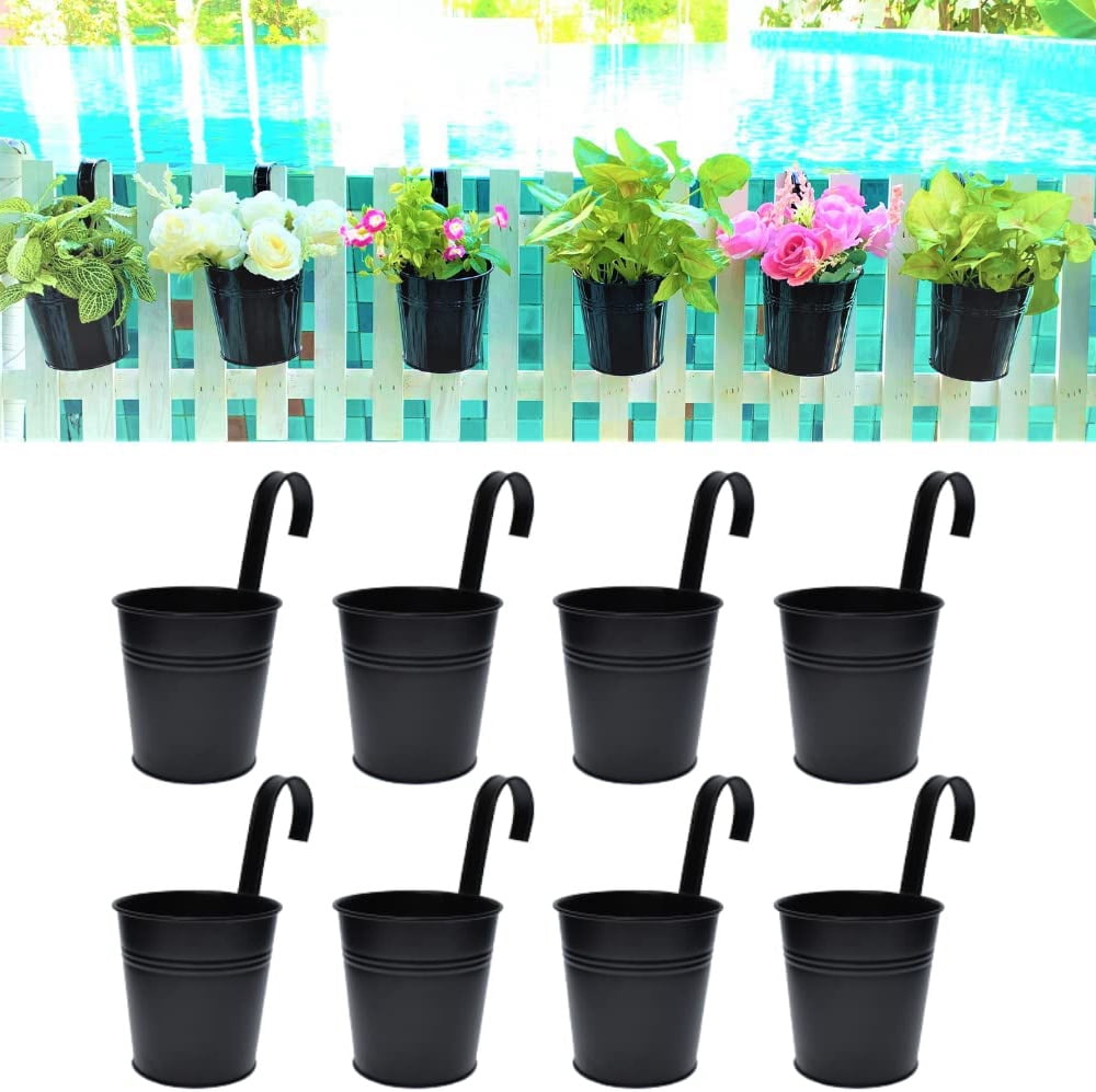NOGIS 8Pcs Hanging Flower Pots Metal Iron Bucket Planter for Railing