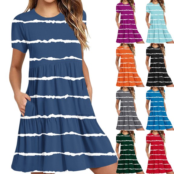 Zpanxa Women's Short Sleeve Off Shoulder Dress with Double Pockets Tiered Knee Length Casual Dress