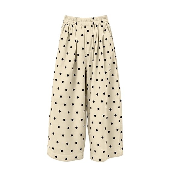 Zjunqe Women Polka Dot Summer Boho Cotton Linen Pants Wide Leg Barrel Pants Beach High Elastic Waist Casual Long Palazzo Trousers with Pockets Loose Fit Casual Summer Beach Vacation Pants Beige L